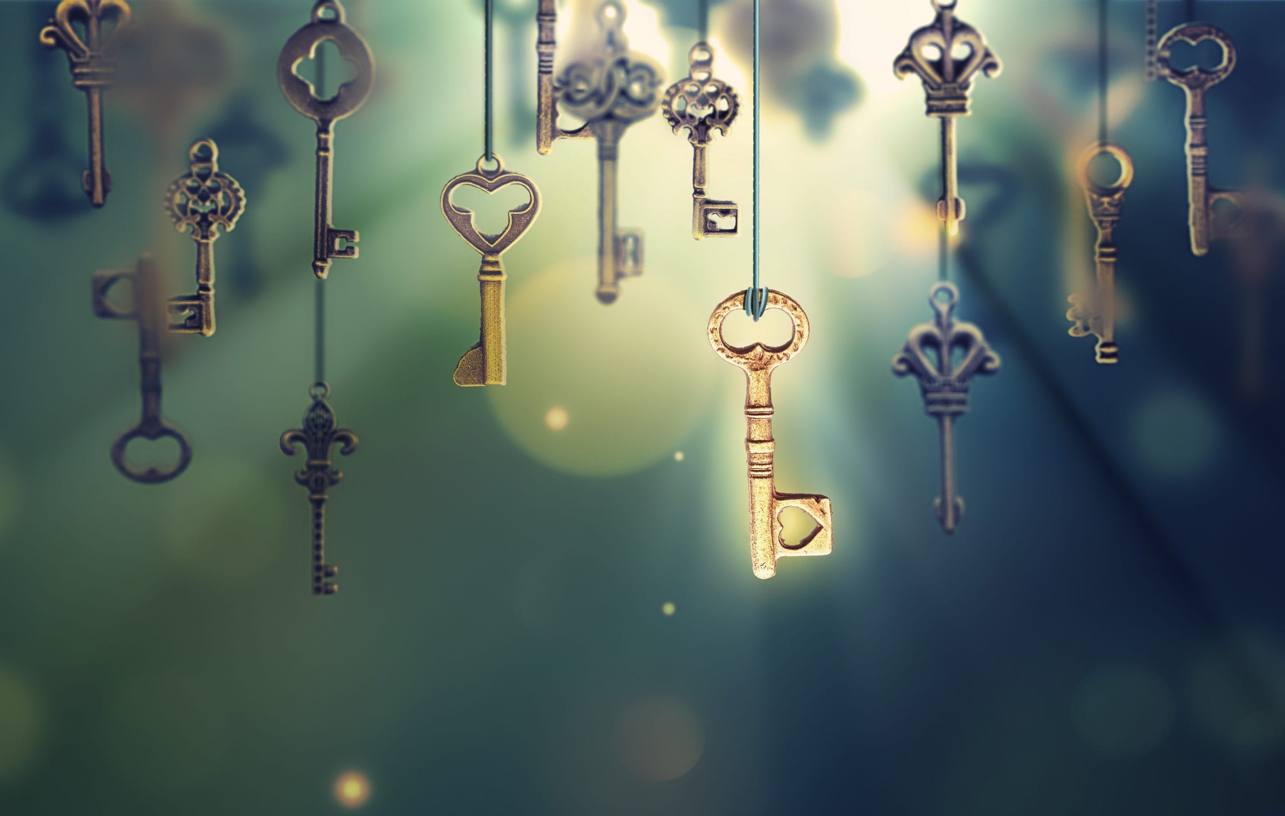 A,Conceptual,Image,With,Hanging,Keys,And,One,Shining,Key.